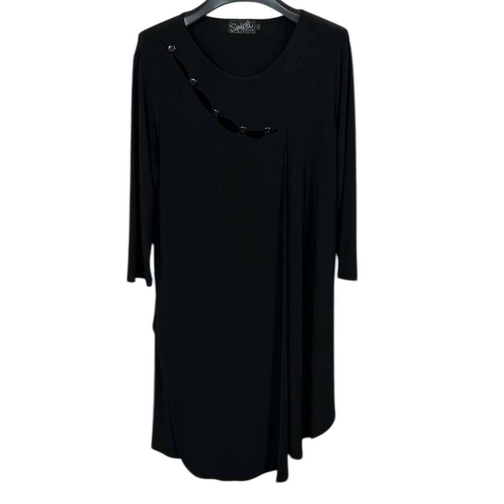 Sympli Black Tunic Dress Top Asymmetrical Cutout Button Detail 3/4 Sleeve OG Fit